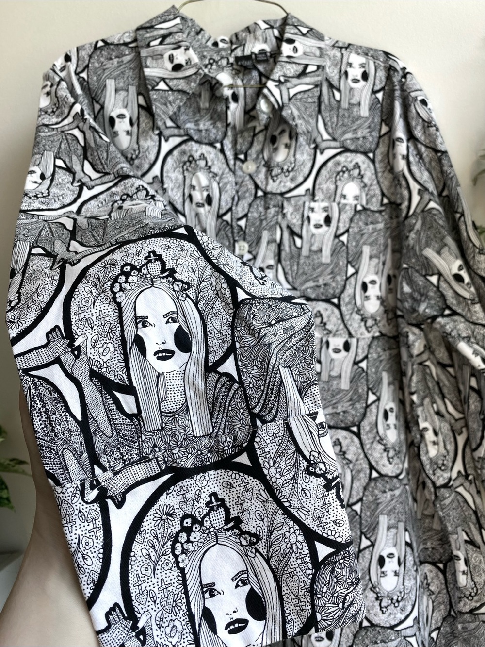 🖤 Black & White Illustrated Portrait Button Shirt Eclectic Art Indie Whimsygoth